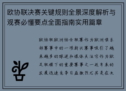 欧协联决赛关键规则全景深度解析与观赛必懂要点全面指南实用篇章 欧协联决赛关键规则全景深度解析与观赛必懂要点全面指南实用篇章