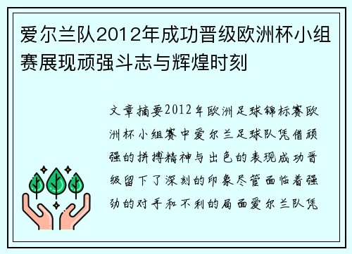 爱尔兰队2012年成功晋级欧洲杯小组赛展现顽强斗志与辉煌时刻 爱尔兰队2012年成功晋级欧洲杯小组赛展现顽强斗志与辉煌时刻