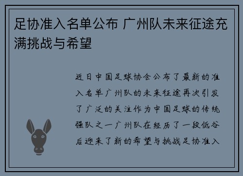 足协准入名单公布 广州队未来征途充满挑战与希望
