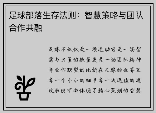 足球部落生存法则：智慧策略与团队合作共融